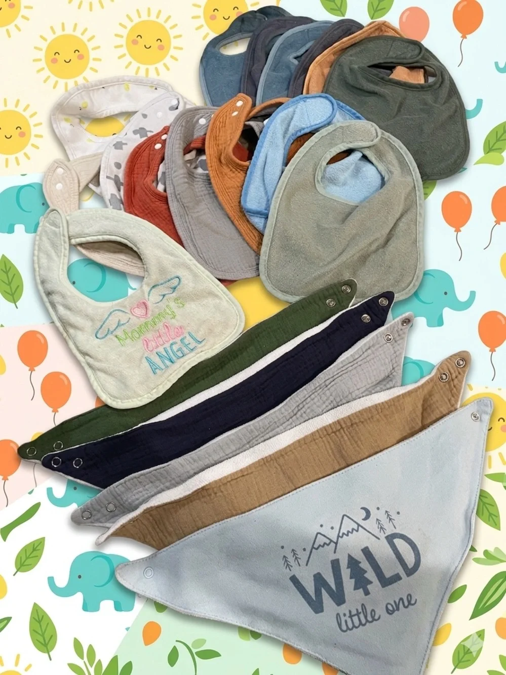 Baby Bundle of 20 Assorted Absorbent Adjustable bibs Various shapes & colors